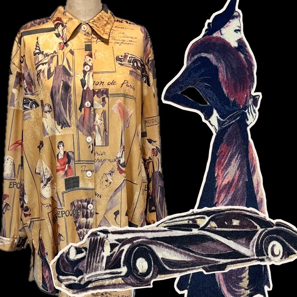 VINTAGE roaring 20s flapper girls silky polyester women’s button down shirt 70s - Picture 1 of 17